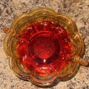 Vintage Aztec Rose Amberina Jeannette Glass Co Candy Dish With Handles